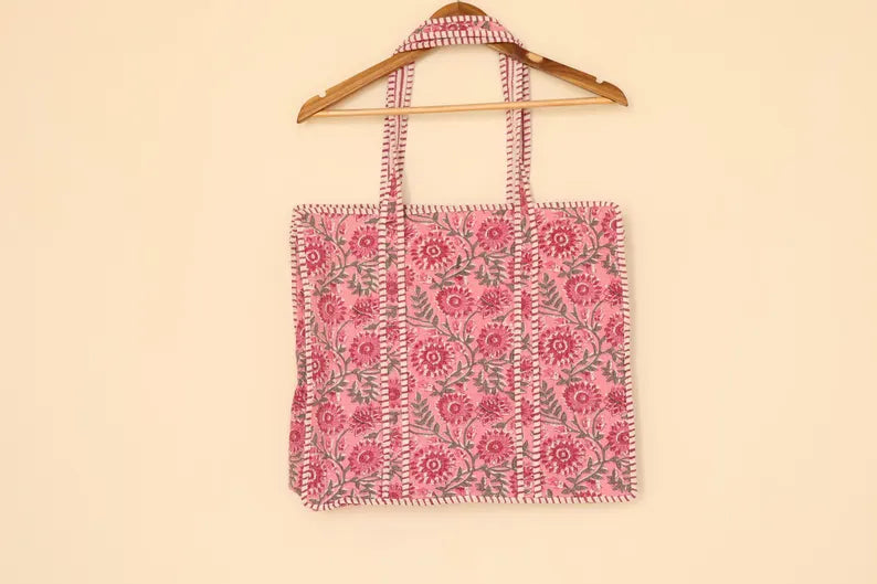 Handprinted Pink Quilted Cotton Tote Bag