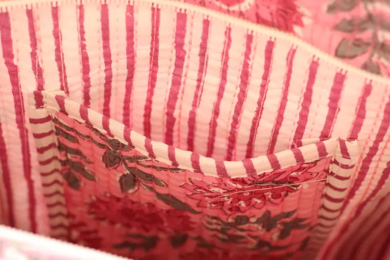 Handprinted Pink Quilted Cotton Tote Bag