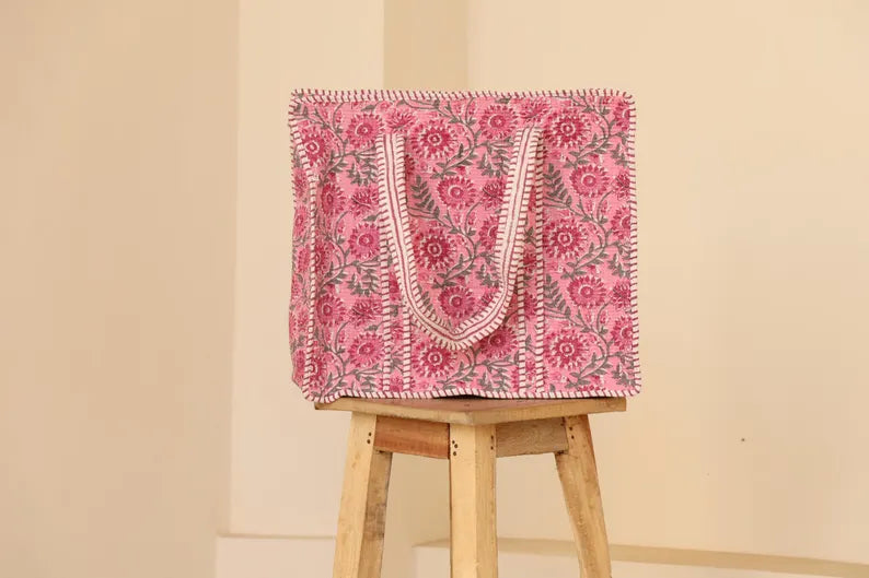 Handprinted Pink Quilted Cotton Tote Bag