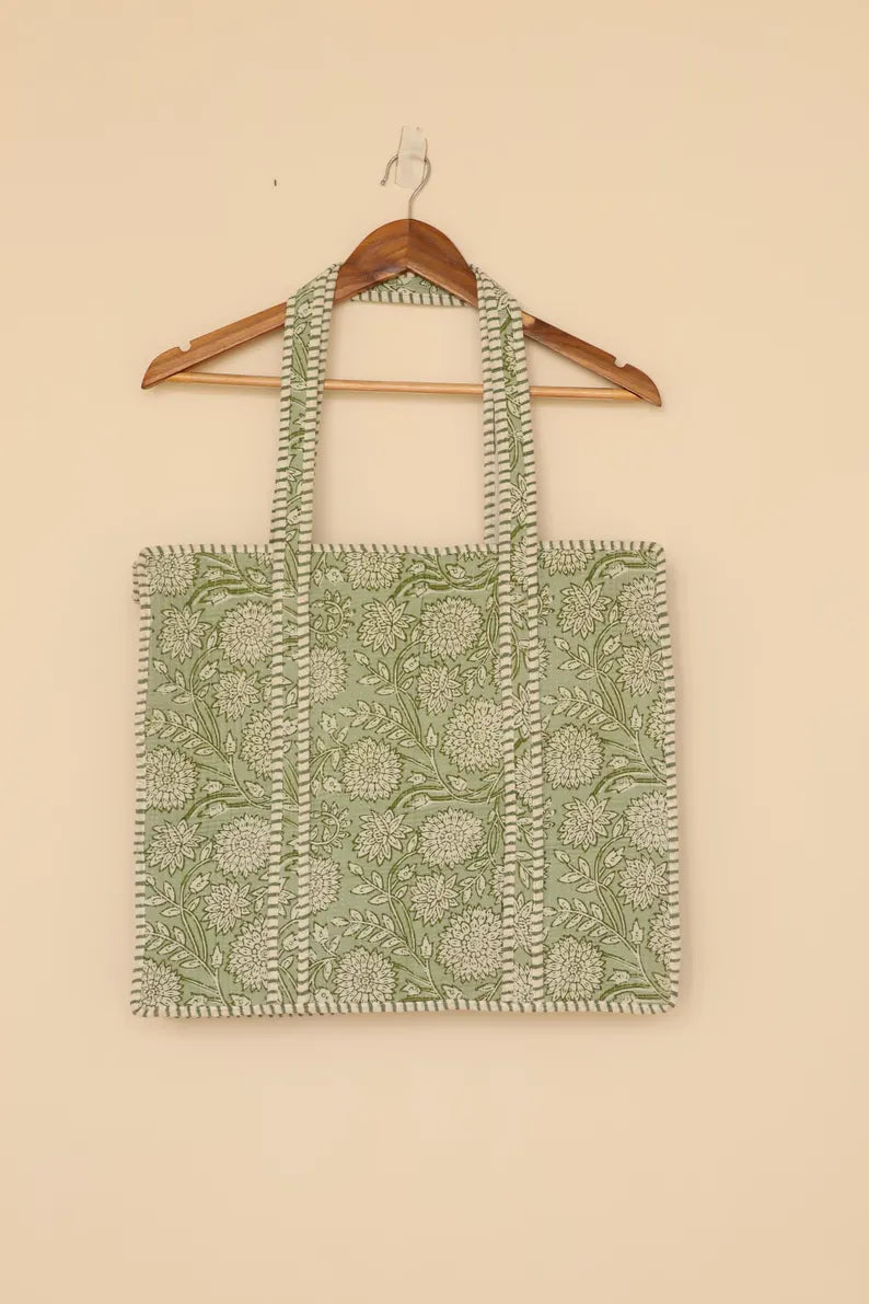 Sage Green Floral Quilted Cotton Tote Bag