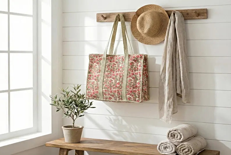 Handmade Quilted Floral Cotton Tote Bag with Green Trim