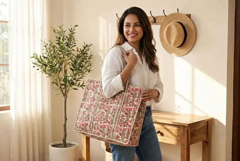 Handmade Quilted Floral Cotton Tote Bag with Green Trim