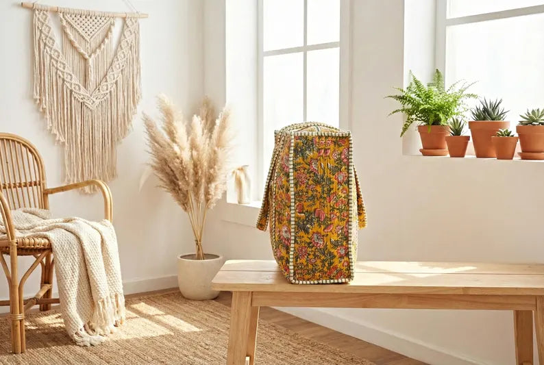 Mustard Floral Quilted Cotton Tote Bag